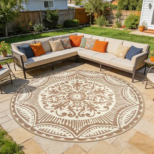 Capslpad 8x8 Floral Outdoor Rug for Patio Clearance Reversible Mat Round Portable Plastic Straw Carpet Waterproof Boho Indoor Outside Area Rugs for RV Camping Picnic Balcony Beach Deck, Light Beige - color: Light Beige, size: 8' (Round)