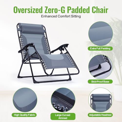 Backyard Expressions Deluxe XL Padded Recliner Zero Gravity Chair – Ergonomic Anti-Gravity Lounger with Folding Design, Side Tray, and Adjustable Headrest - color: Grey/Light Grey