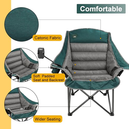 Northroad Oversized XL Padded Camping Chair w/Cell Phone Holder, Large Camp Lounge Chair, Foldable Lawn Chair w/Cup Holder,Carry Bag for Outdoor Hiking, Beach, Picnics, Heavy-Duty 400-lbs Capacity - color: Ph-green
