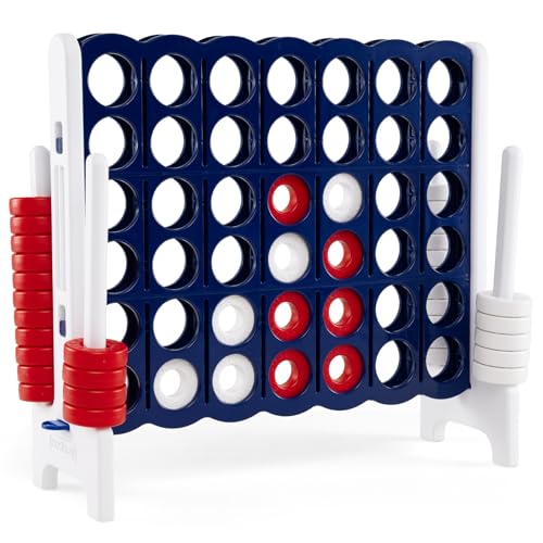 COSTWAY Jumbo 4-to-Score Giant Game Set, 4 in A Row for Kids and Adults, 3.5FT Tall Indoor & Outdoor Game Set with 42 Jumbo Rings & Quick-Release Slider, Perfect for Holiday Party & Family Game - color: Dark Blue and White