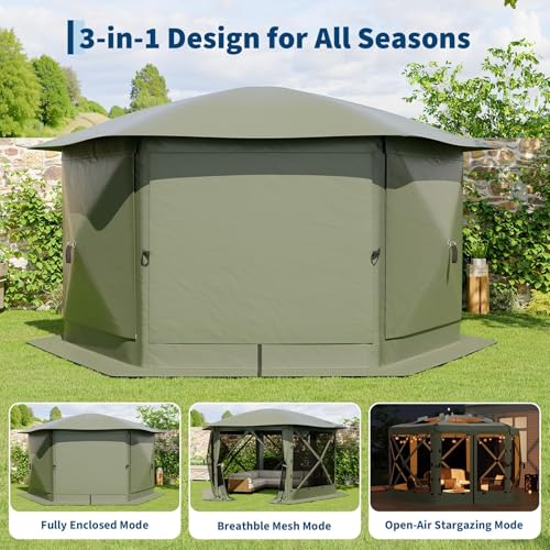 GarveeLife 11.5x11.5FT 6-Sided Pop Up Gazebo Tent，One-Push Setup Canopy Tent with Mesh Panels & Removable Wind Cloths, Outdoor shelter for Camping, Backyard Parties, Outdoor Events - Army Green - color: Army Green, size: Removable Top - 11.5ft