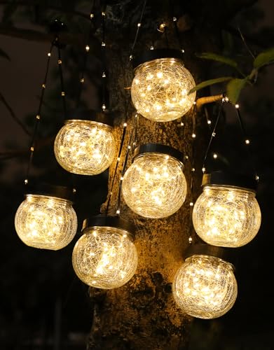 PARTPHONER Solar Lanterns Solar Lights Outdoor Waterproof 18-Pack, Solar Powered Hanging Lights Cracked Glass Hanging Globes for Christmas Decoration, Shepherd Hook, Garden Tree Ornaments - color: Black Cap Warm White Light, size: 18 Pack