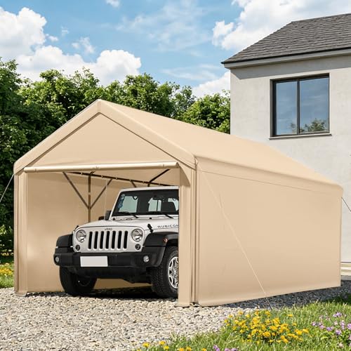 Carport, 10x20ft Heavy Duty Car Port, Portable Garage with Steel Frame, Carports Canopy Storage Shed Party Tent with Waterproof Tarp for Car Boat Truck (Beige) - color: Beige