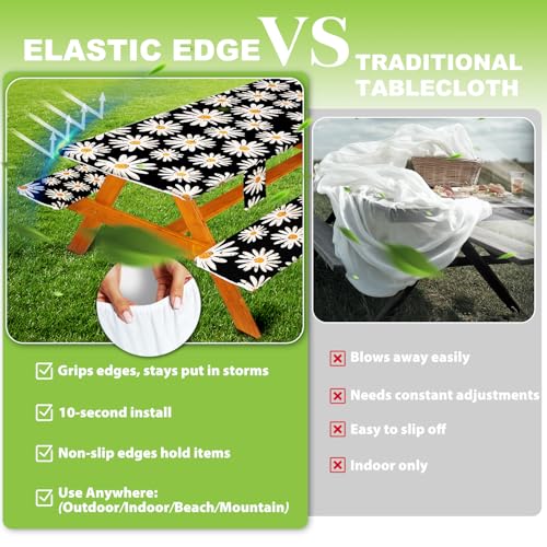 Fitted Picnic Table Cover with Bench Covers, Windproof Vinyl Table Cloths Outside Camping Cooking Backyard Furniture Seat Cushion Tablecloth Activities Party Decor Decorations Para Acampar Equipment - color: Black Daisy, size: 96in