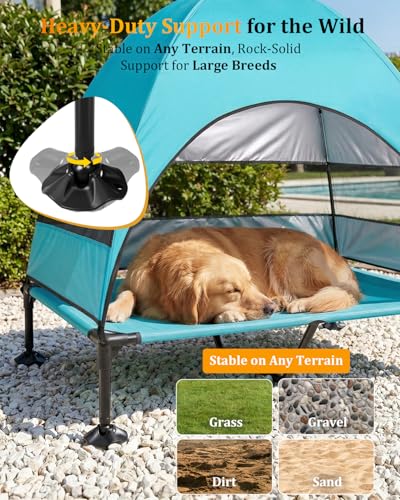 Elevated Dog Bed with Canopy - 3-Sided UV Protection Pet Tent with Wider Shade, Raised Cooling Outdoor Dog Cot with Breathable Mesh for Medium Large Dogs, Portable Bed for Camping, Patio (Aqua, XL) - color: Aqua, size: X-Large
