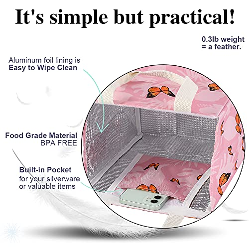 iknoe Insulated Lunch Bag for Women, 9L Sturdy Wide-Open Foldable & Portable Lunch Tote with Interior Pockets, Water-resistant Thermal Lunch Cooler for Adults Picnic Beach-Pink Butterfly - color: Pink Butterflies, size: Velcro Closure