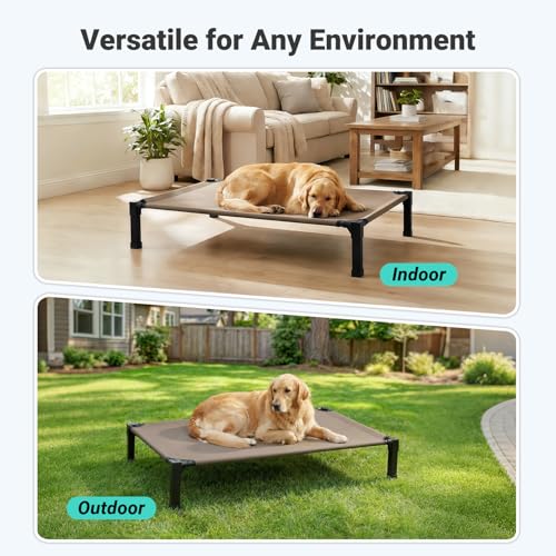 Niubya Elevated Outdoor Dog Bed, Cooling Elevated Pet Cot, Steel-Framed and Non-Slip Feet, Raised Dog Bed with Waterproof, Washable, Breathable Teslin Mesh, 60in - color: Brown, size: 60"L x 36"W x 9.4"H