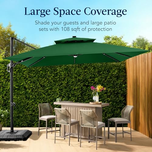 Best Choice Products 9x12ft LED Cantilever Patio Umbrella w/Base Included & 360° Rotation, Large Solar Offset Hanging Outdoor Sun Shade for Deck, Backyard Table w/Stand & Lights – Green - color: Green, size: 9x12ft