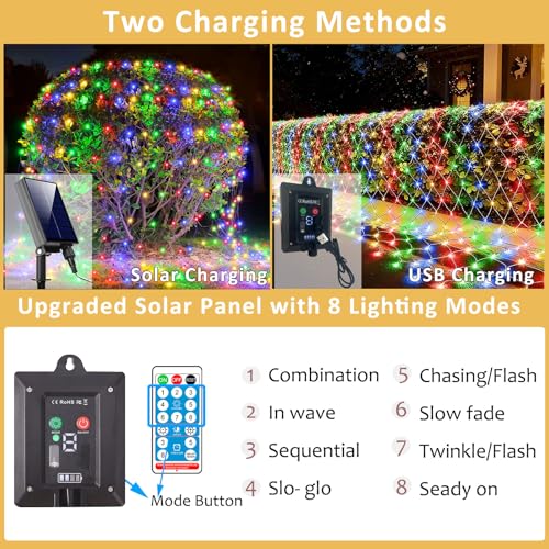 21ft x 5ft Solar Net Lights, 360LED Christmas Net Lights Solar & USB Powered, Waterproof Mesh String Lights 8 Modes Green Wire for Bushes Patio Garden Xmas Holiday Party Outdoor Decor (Multicolor) - color: Multicolor, size: 21ftx5ft (Green Wire)