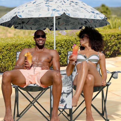 Outvita Folding Double Camping Chair w/Umbrella Beverage Holder Carrying Bag Cooler Fold Up Table, Large Bearing Capacity for Beach Patio Pool Park Outdoor Shark Pattern - color: Shark Pattern