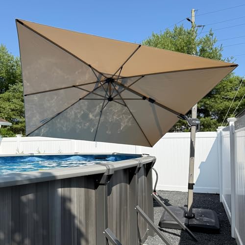 PURPLE LEAF 10' X 10' Left-right Tilting Patio Umbrella Outdoor Swivel Cantilever Umbrella Aluminum Offset Umbrella with Champagne Frame and 360-degree Rotation for Garden Deck Pool, Beige - color: Beige, size: 10' x 10'(Tilt)