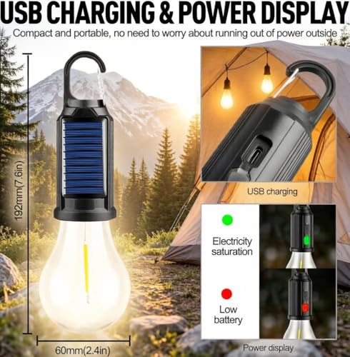 4-Pack Solar Camping Lantern, Portable LED Solar USB Rechargeable Lantern Flashlight Emergency Hanging Light Bulb for Indoor Outdoor Home Power Outages Hiking Hurricane (4)