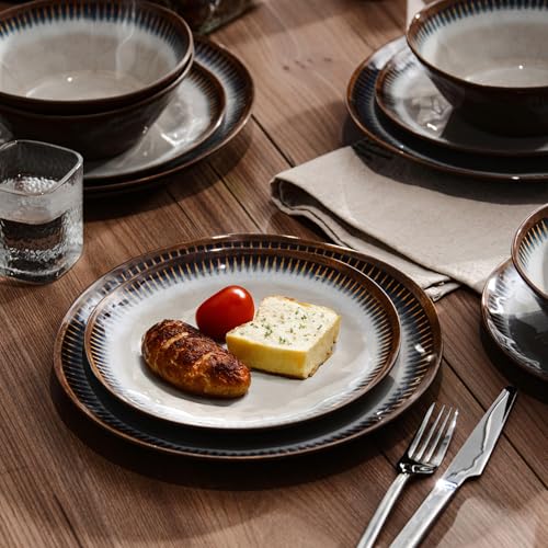 Melamine Dinnerware Set, 12 Pcs Dishware Sets, Plate and Bowl Set Service for 4, Lightweight and Unbreakable Dinnerware Sets for Camping, Great for RV, Dishwasher Safe, Sahara Beige and Blue - color: Sahara Beige