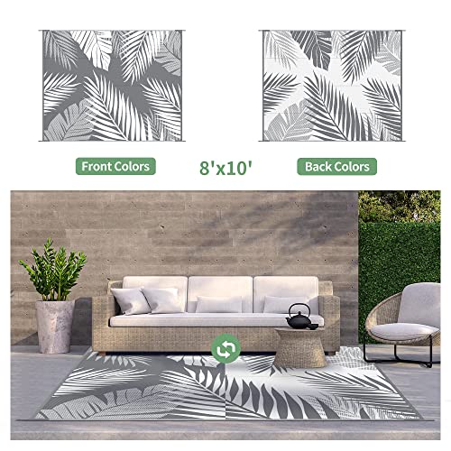 GENIMO Outdoor Rug 8' x 10' Waterproof for Patios Clearance, Reversible Plastic Straw Camping Rug Carpet, Large Area Rugs Mats for RV, Picnic, Backyard, Deck, Balcony, Porch, Beach, Grey&White - color: Grey & White | Waterproof, size: 8' x 10' (Rectangula