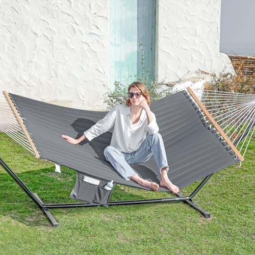 GAFETE 2 Person Hammock with Stand for Outside, Heavy Duty Steel Stand, 55inch Double Hammocks, Large Removable Pillow, Storage Bags, Max 475 lbs Capacity (Haze Gray) - color: Haze Gray