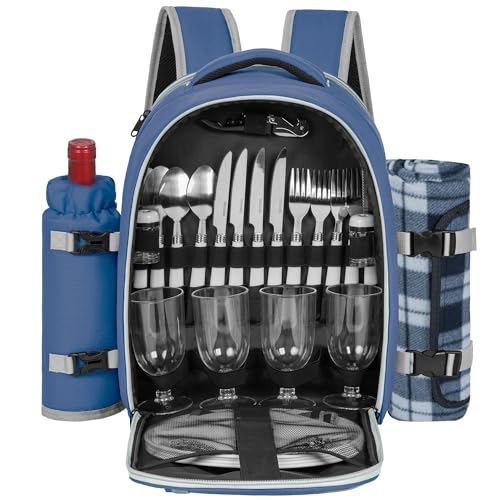 Picnic Backpack for 4 Persons with Insulated Leakproof Cooler Compartment, Cutlery Sets, Wine Holder, Fleece Blanket, Wedding Gifts for Couples, Perfect for Beach, Camping, Hiking, Blue - color: Blue, size: For 4 Persons