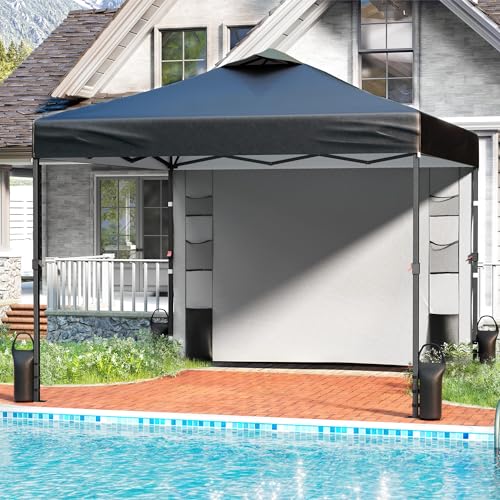 Tunbne 10'x10' Pop Up Canopy Tent with 1 Sidewall and 6 Pockets, One Push Setup, Instant Shade Tent with Vented Roof for Beach Patio Outdoor, Case, 8 Stakes, 4 Ropes, 4 Sandbags (Black, 10x10) - color: Black, size: 10x10