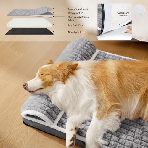 Orthopedic XL Dog Bed Large Sized Dog with Pillow 42''X28'', Waterproof Soft Comfortable Egg Crate Foam Pet Crate Beds Mat with Removable Washable Cover and Non-Slip Bottom, Grey - color: Grey, size: 42"l X 28"w X 3.5"th