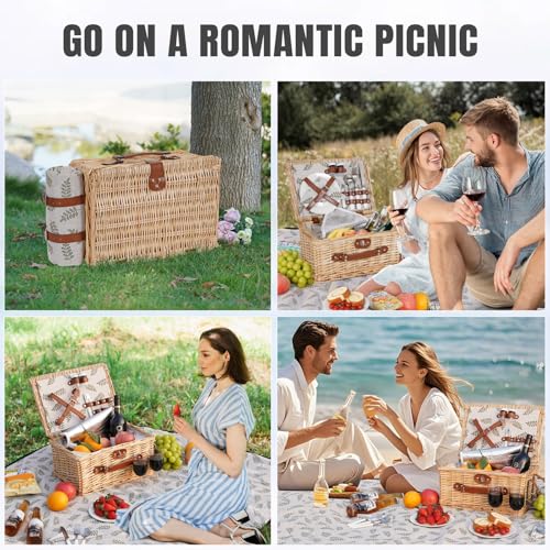 HappyPicnic Picnic Basket Set for 2 - Wicker Picnic Basket with Waterproof Blanket & Insulated Liner, Large Handmade Willow Hamper with Cutlery Kit for Outdoor, Picnic, Camping, Party, Holidays (Leaf) - color: Leaf