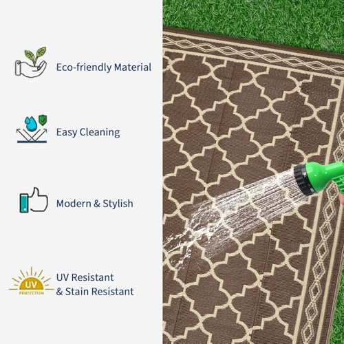 GarveeHome 10x20 Outdoor Rug for Patio Waterproof Rug Large Outside Rugs Reversible Plastic Straw Patio Camping Rugs Foldable Camping Carpet for Backyard, Deck, Picnic, Beach, Trailer, Brown/Beige - color: Brown/Beige(geometric), size: 10' x 20' (Rectangu