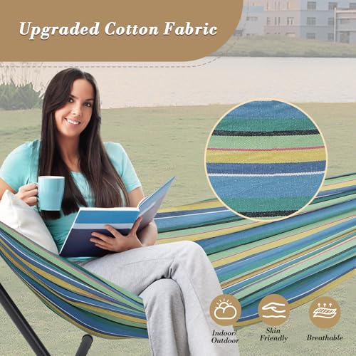 Athena Collection Double Hammock with Stand for Outside, Heavy-Duty Steel Stand 250 Lbs Weight Capacity, Portable Outdoor Hammock Swing with Carry Bag for Indoor, Outdoor, Backyard, Blue Yellow - color: Blue Yellow
