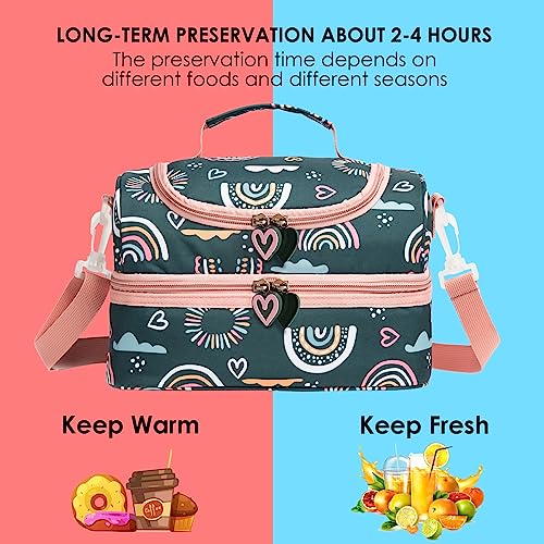 Insulated Kids Dual Compartment Lunch Bags Tote Pack for Girls Boys Toddler Kindergarten School Picnic Cooler Thermal Lunch Boxes with Strap (Green Rainbow) - color: Green Rainbow