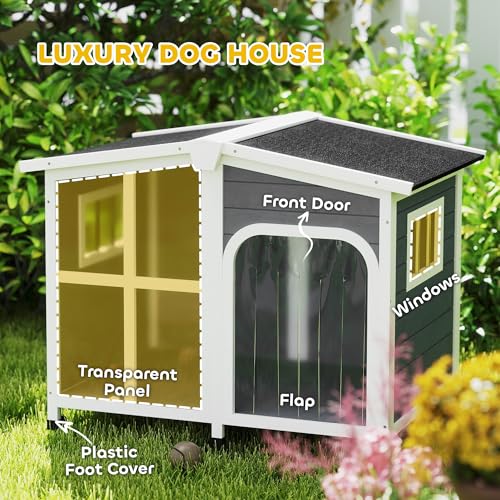 PawHut Outside Cabin-Style Wooden Dog House for Large Dogs with Openable Roof & Giant Window, Outdoor & Indoor Big Dog Shelter, Asphalt Roof, Gray - color: Gray