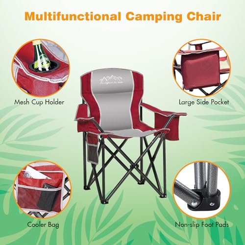 Camping Chair Portable Folding Outdoor Chair Heavy Duty Padded Chairs Lawn Chair with Cup Holder, Storage Pocket and Cooler Bag, Supports 500 LBS, Red - color: Red