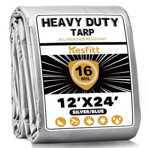 Kesfitt 16 Mil Heavy Duty Waterproof Tarp with Metal Grommets, 12x24 ft, Silver & Blue Reversible Poly Tarp for Outdoor Protection, Yard, Worksite, Equipment, Veicles,Pools Coverage - color: 16mil-silver, size: 12x24 ft