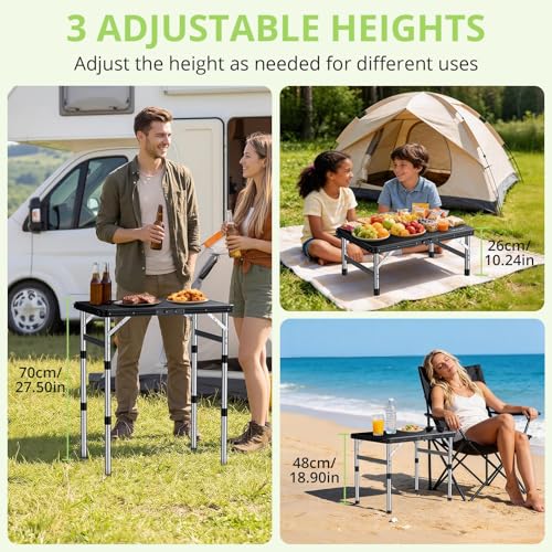 2ft Plastic Folding Table, 3 Adjustable Height Waterproof Small Folding Camping Table Lightweight & Portable with Carry Handle, for Indoor Outdoor RV Travel Picnic Beach, 22.8" X 15.7", Black - color: Black