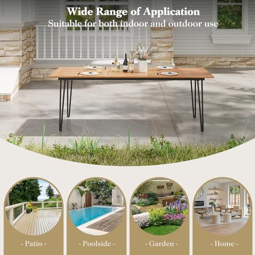 Tangkula 86.5" Large Patio Dining Table for 8, Acacia Wood 8-Person Dining Table with 2" Umbrella Hole & Metal Legs & Adjustable Foot Pads, Rectangular Outside Table for Garden, Poolside & Backyard - size: 86.5"