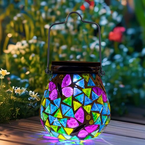 Afirst Mosaic Solar Lanterns - Glass Hanging Lights Butterfly Hollow Out Waterproof Outdoor Decorative for Garden, Patio, Holiday Party Outdoor Decoration, 1 Pack - style: Butterfly
