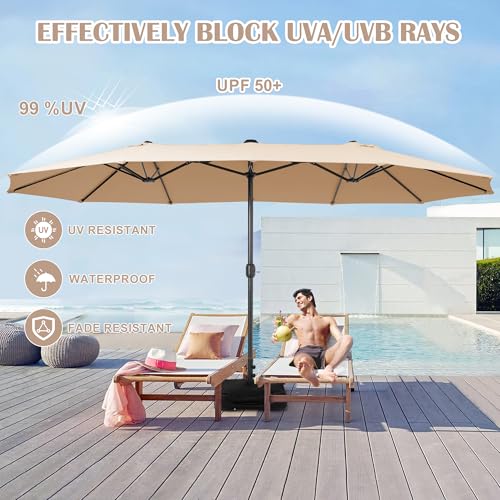 Sundale Outdoor 15ft Large Patio Umbrella with Base Included and Umbrella Cover, Outdoor Double-Sided Umbrella - color: Tan