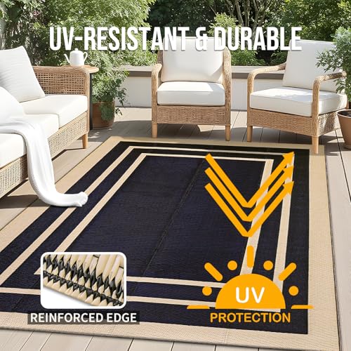 OLANLY Outdoor Rug 5x8 ft Waterproof, Reversible Outdoor Plastic Straw Rug, RV Mat, Indoor Outdoor Carpet Clearance for Patio, Camping, Balcony, Deck, Backyard, Black & Beige - color: Black & Beige, size: 5' X 8' (Rectangular)