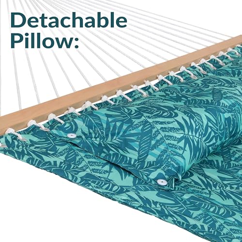 Sunnydaze Quilted Double Hammock for Outside with Spreader Bars and Pillow - 450 lb Capacity, 74x55 Inch Bed, UV Resistant, Quick Dry - Chains Included, Stand Sold Separately - Cool Blue Tropics - color: Cool Blue Tropics