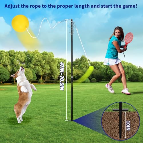 Tetherball Tennis Set with with 360° Swivel Hook Pole，Ball, Rope and Paddle Set.Tetherball Outdoor Equipment for Backyard，Lawn Game