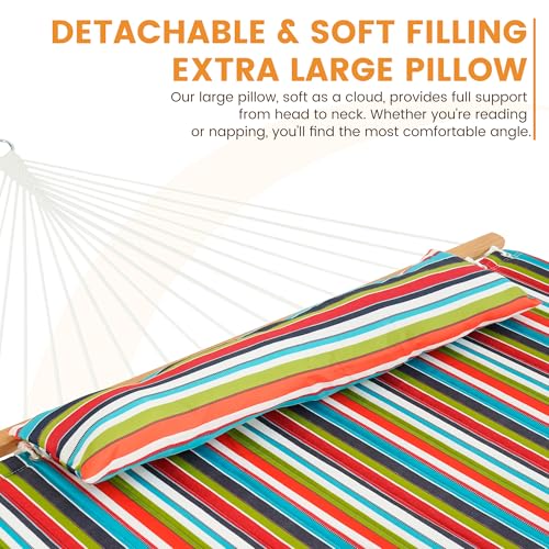 Lazy Daze Hammocks 12 FT Quilted Fabric Double Hammock with Spreader Bars and Detachable Pillow, 450lbs Weight Capacity, Bright Stripe - color: Bright Stripe