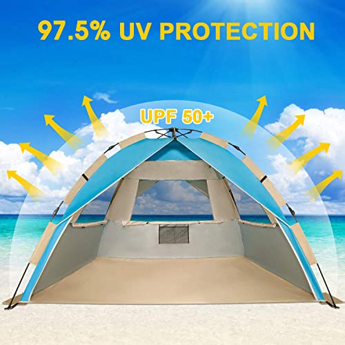 G4Free Deluxe XL Pop Up Beach Tent, 3-4 Persons Easy Setup Sun Shelter Canopy with UPF 50+ UV Protection Extral Wide 70.9 in - color: Large New Lake Blue