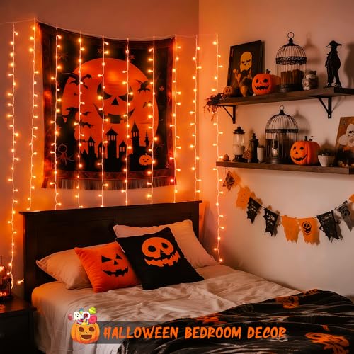 JMEXSUSS 300LED Orange Halloween Lights with Remote, 9.8x9.8ft Halloween Curtain Light, 8 Modes Orange Hanging String Lights Plug in for Fall Bedroom Thanksgiving Window Party Indoor Outdoor Decor - color: Orange, size: 300 LED