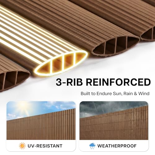 Paramondo PVC Privacy Fence Screen 14mm 3-Rib Reinforced Textured Fence Panel - No-Drill Balcony & Garden Cladding with Wind & UV Protection for Patio, Deck, Outdoor Privacy, 3×10 FT, Brown - color: Brown, size: 3×10 FT
