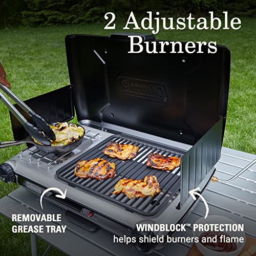 Coleman Tabletop 2-in-1 Grill & Stove with 2 Adjustable Burners, Propane Grill/Stove with Push-Button Starter, Wind Guards, Grease Tray, & 20,000 BTUs of Power for Camping, Tailgating, & More - color: Black, style: Contains PFAS