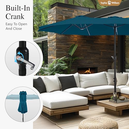Sophia & William 15 ft Extra Large Patio Umbrella with Base Included, Rectangular Outdoor Umbrella Heavy Duty, Market Umbrella Double-sided Fade Resistant for Pool Garden Backyard, Cyan-blue - color: Cyan-blue
