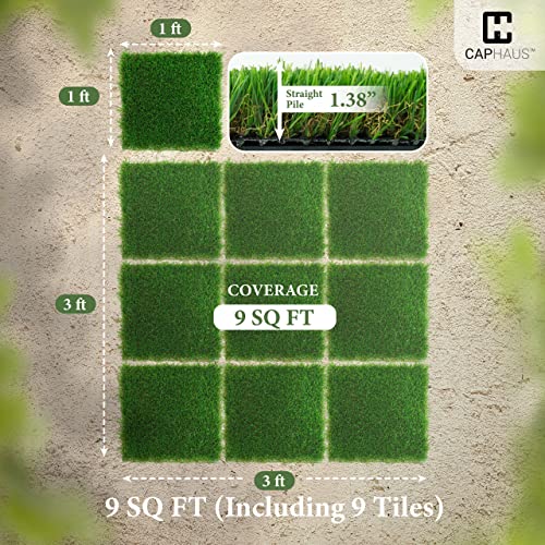 CAPHAUS Artificial Grass Turf Tiles for Patio, Self-Draining Interlocking Fake Faux Grass Pet Turf for Dog Potty Training, Grass Mat Tiles for Outdoor Indoor Flooring Décor, 12” X 12” Set of 9 PCS - size: 9 SQ FT (9 Tiles)