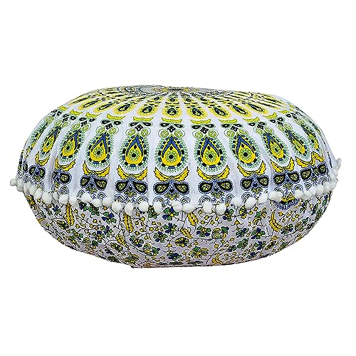 Indian Consigners Floor Cushion Covers 22" Round Mandala Ombre Zipped Ottoman Cover, Boho Puff Cover Pouffe - color: Yellow-green-blue
