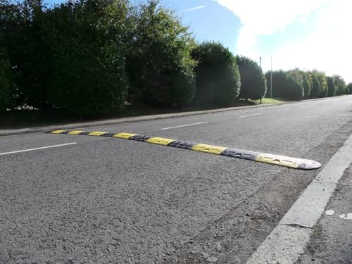 Pittman 21 ft XPT Eco Speed Bump Kit with Cable Channels, Heavy Duty Plastic-Rubber Reflective Black/Yellow Modular Traffic Hump for Asphalt, Concrete, Includes Mounting Hardware - 52 Bolts (755677) - size: 21'
