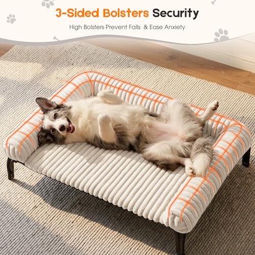 Elevated Dog Bed with Removable Fluffy Pillow Cushion, Raised Pet Cot Washable Bolster, Dog Couch Sofa, Anti Slip Feet, Breathable Mesh, Cream, 49"×36" - color: cream, size: Xl(49"×36"×8")