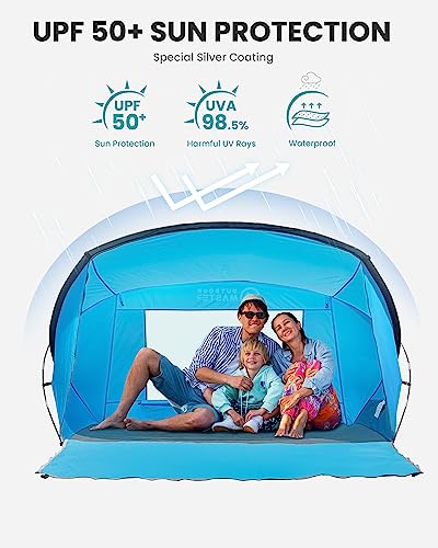 OutdoorMaster Beach Tent Sun Shelter for 3-4 Person, Pop Up Beach Tent Easy Setup with Sandbags, Portable Sun Shade Canopy with Carrying Bag for Beach & Outdoor, UPF50+ UV Protection, Family Size - color: Blue, size: Compact Travel Size