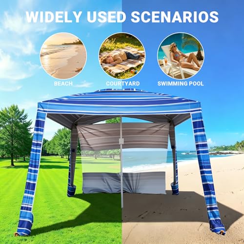 8'x8' Beach Cabana, UPF 50+ Large Beach Canopy with Side Wall, Easy Setup Pop Up Sun Shelter, Adjustable Height & Wind Resistant Beach Tent for 4-6 Person Family, Light Blue