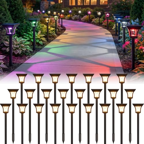 CINOTON 24 Pack RGBCW Solar Pathway Outdoor Lights, 3 Lighting Modes Solar LED Garden Lights, IP65 Waterproof Outside Solar Powered Landscape Lighting for Planter Lawn Pool Balcony RGB/Warm/Cold White - color: Multicolor, size: 24 Pack