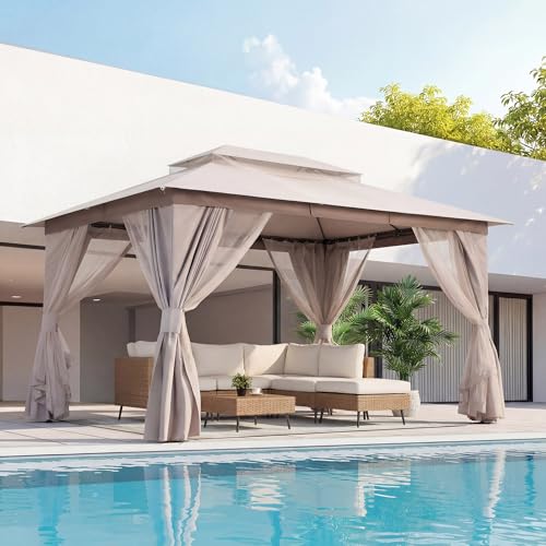 LAUSAINT HOME Gazebo 10x13ft, Heavy Duty Patio Gazebo with Expansion Bolts, Party Canopy Tent with Double Roofs, Mosquito Nettings and Privacy Screens for Backyard, Garden, Lawn, Khaki - color: Khaki, size: 10'x13'